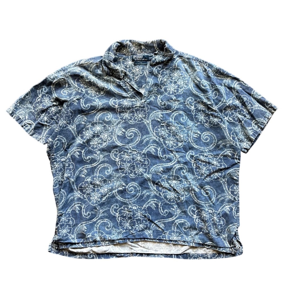 Polo By Ralph Lauren Polo Shirt Mens XL Blue Tropical Floral Sail Linen Top